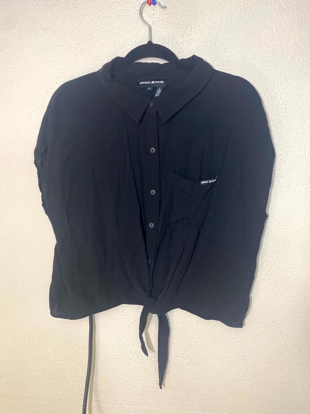 DKNY Jeans Black Button Front Tie Waist Top Womens XL Shirt Sleeve Blouse